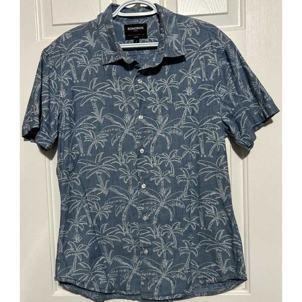 Bonobos Men Stretch Slim Fit Blue White Palm Trees Short Sleeve Button Up Size L